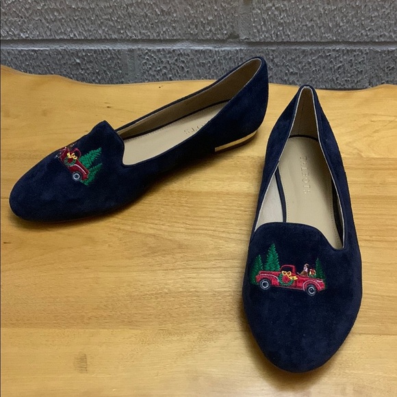 Talbots Shoes - Talbots Ryan Navy Novelty Suede Holiday Christmas Tree Embroidered Slip Ons 8.5M
